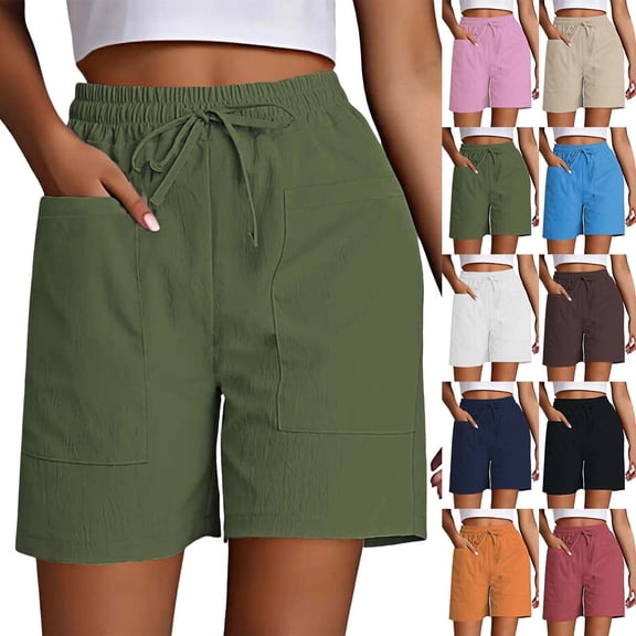 YVNAURA Women's Casual High Waist Shorts with Pockets Elastic Drawstring Loose Fit Wide Leg Summer Cotton Beach Travel Lounge Shorts,Green,L