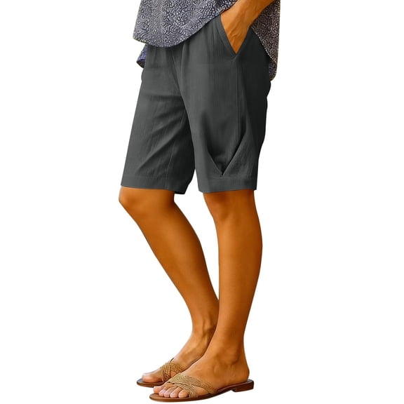 Womens Capri Pants Knee Length Cotton Linen Capris Summer Pleat Straight Leg Loose Beach Bermuda Shorts