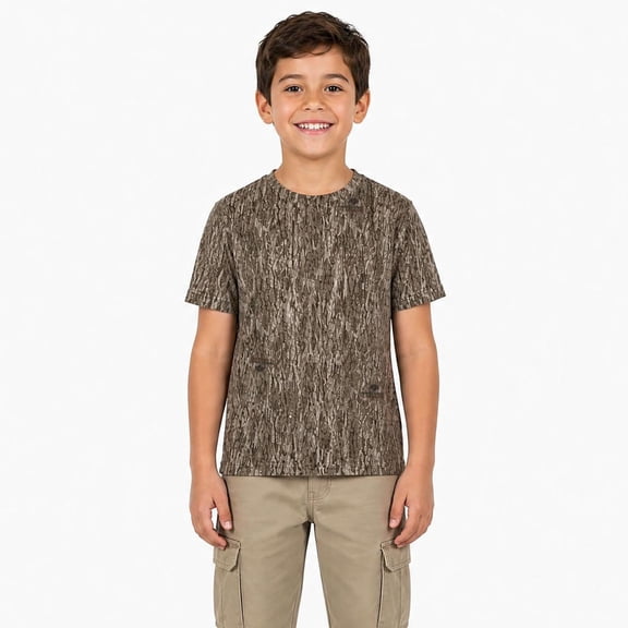 Mossy Oak Youth Short Sleeve Camouflage Hunting Performance Shirt, Mossy Oak Bottomland, M