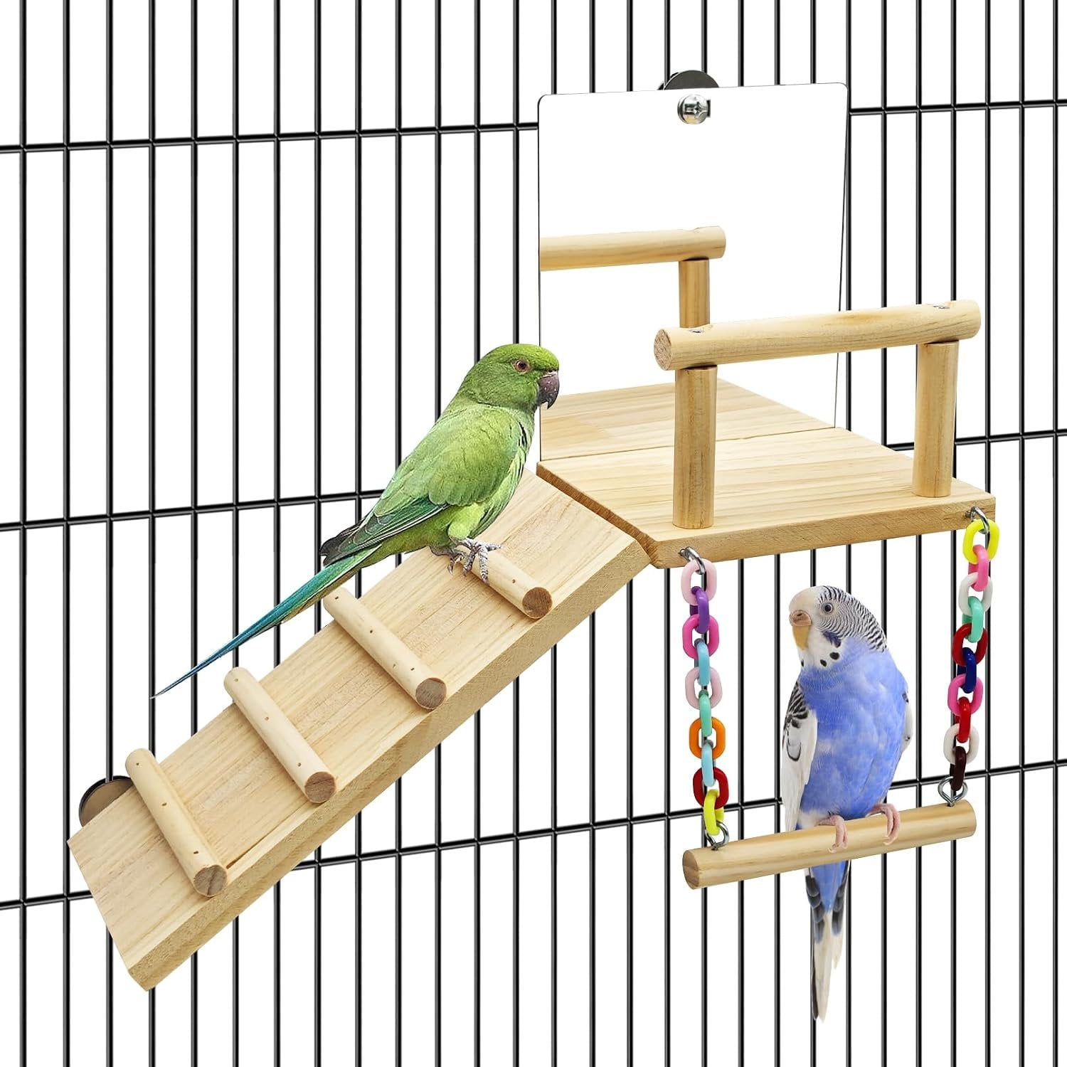 Bird Perch Platform with Mirror, Wooden Climbing Ladder for Parakeet, Small Bird Swing Toys Parrot Cage Accessories Budgie Playground for Cockatiel, Lovebirds, Conures, Finch