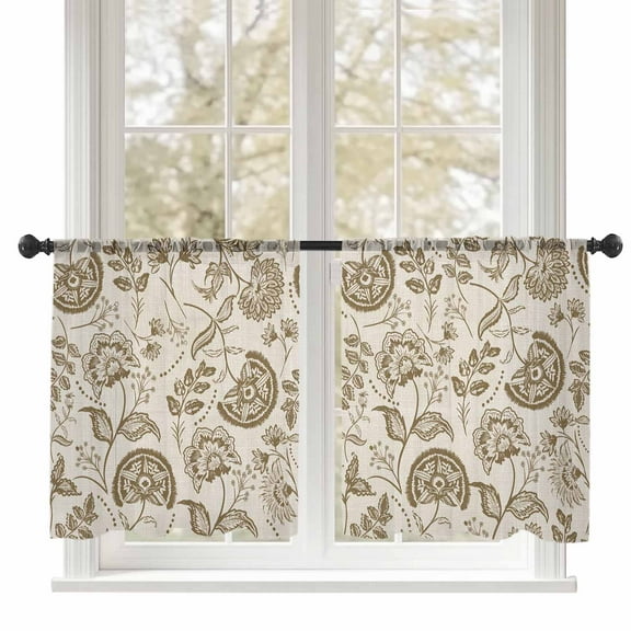 Farmhouse Brown Floral Sheer Curtains 45 inches Long 2 Panels Set Linen Boho Flower Rustic Country Tiers Sheers Rod Pocket Small Window Short Curtains for Kitchen Cafe, Each 52" W x 45" L