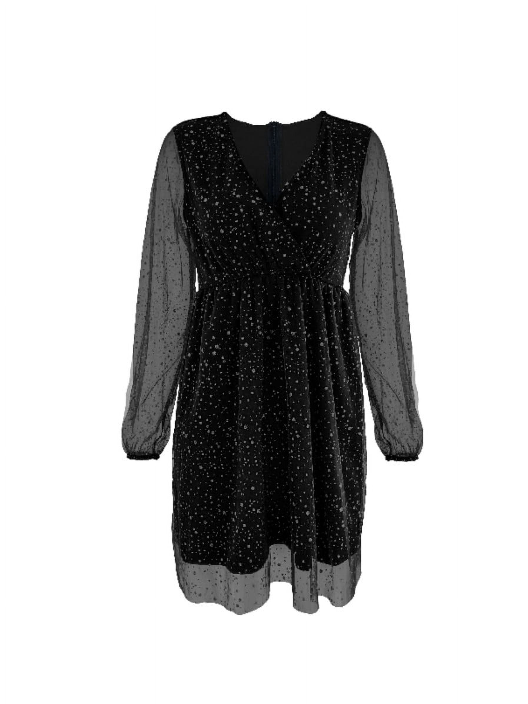 Women's Sequins Mini Dress Lantern Long Sleeve V Neck Mesh Splicing Glitter Cocktail Party Dress Short Dance Dress