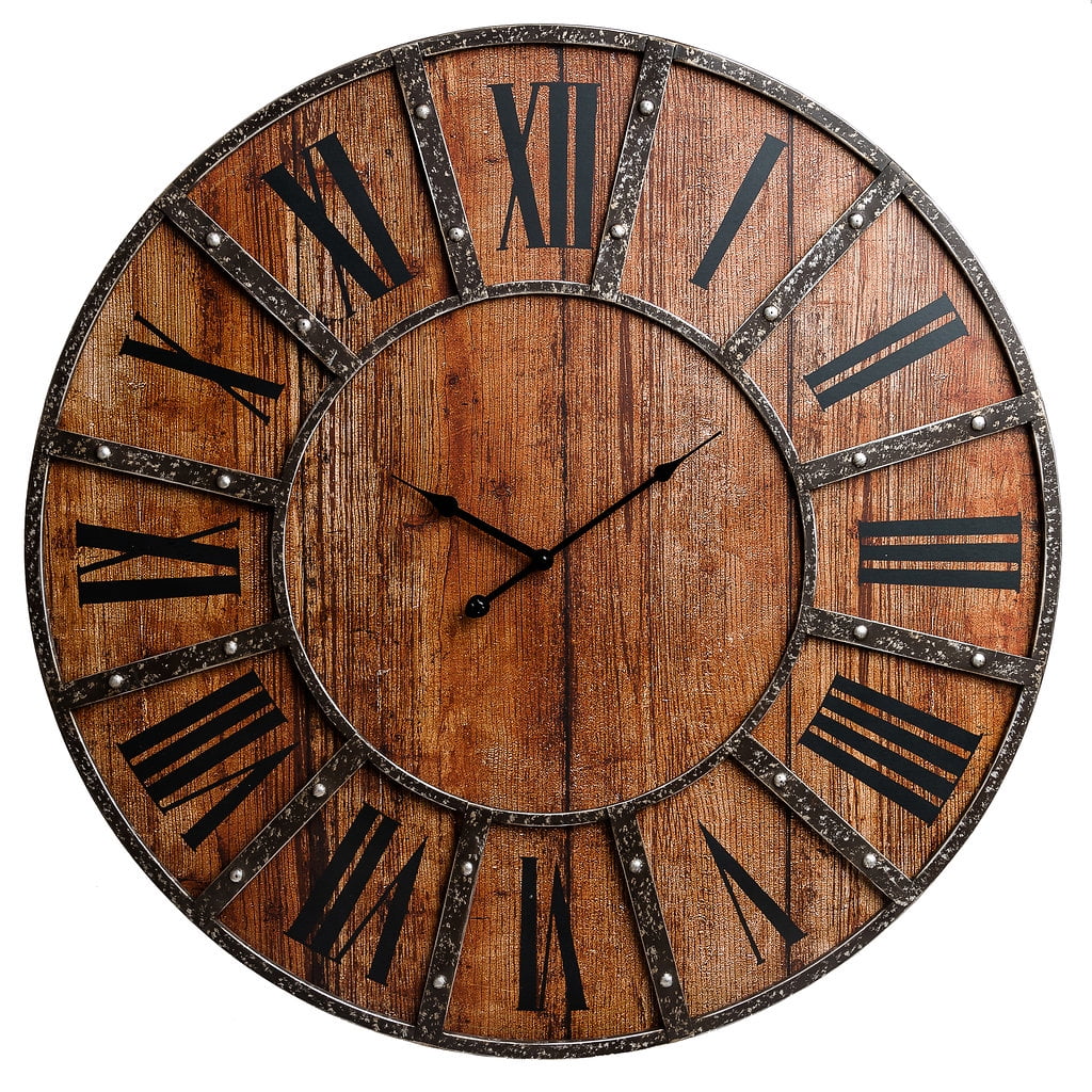 Rustic Farmhouse Style Distressed Wood Plank Brown Grey White Hanging Wall Clock 