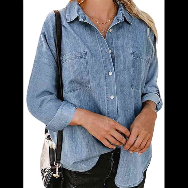 Camisas de Mujer con Botones y Cuello en V, Camisa Informal Holgada Azul XL