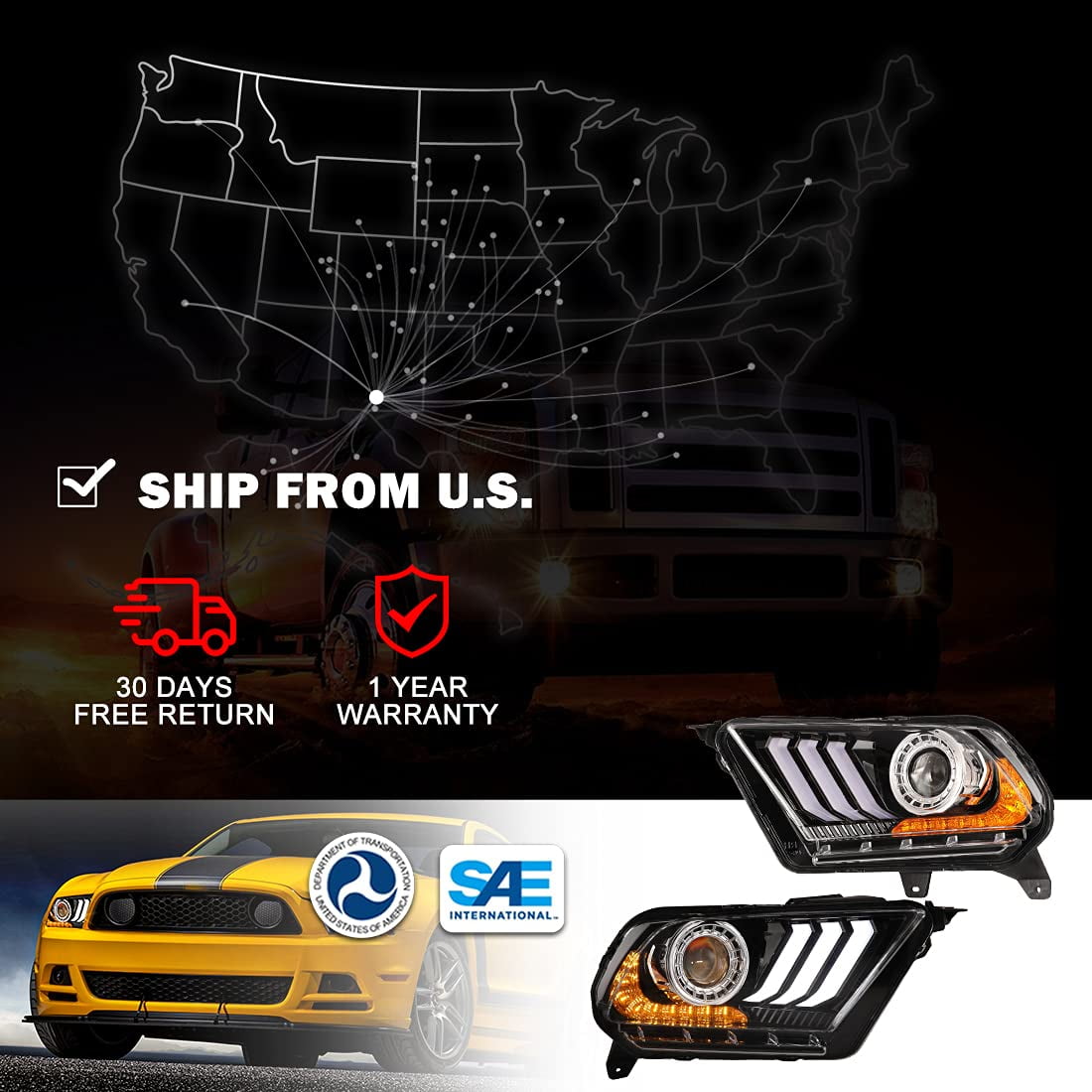 CPW LED Projector Headlights for 2010 2011 2012 Ford Mustang, Sequential Turn Signal Lights Head Lights Assembly Replacement Set(S550 Style LED DRL)