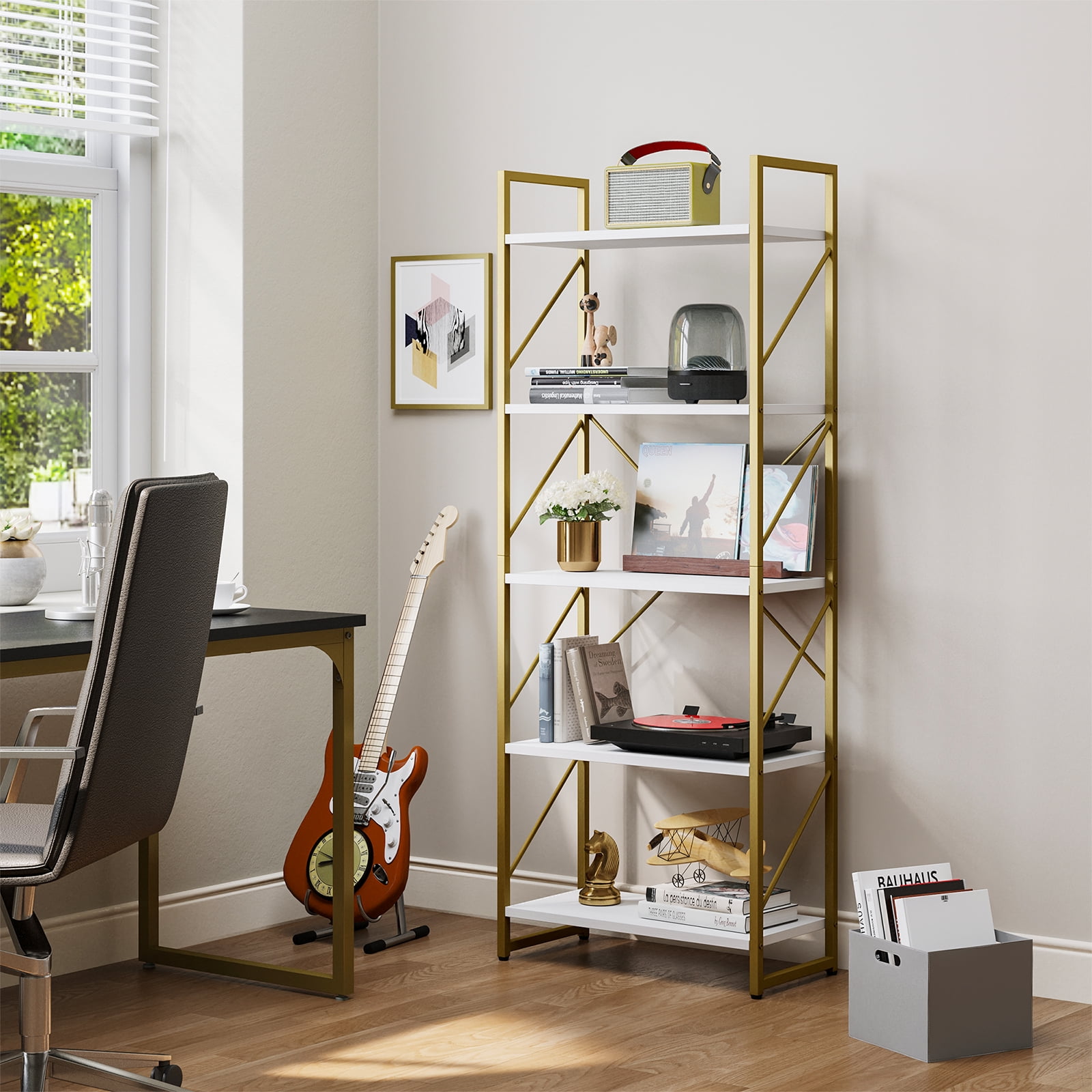 Dextrus 5-Tier Gold & White Bookshelf, Modern Freestanding Bookcase with Open Storage Shelves for Bedroom, Living Room, Office