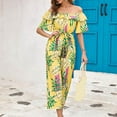 thumbnail image 4 of Usmixi Jumpsuits for Women Dressy Beach Vacation Elastic Waist off Shoulder Jumpsuits Overalls with Tie Summer Square Neck Short Sleeve Leaves Print Long Formal Rompers Yellow m, 4 of 6