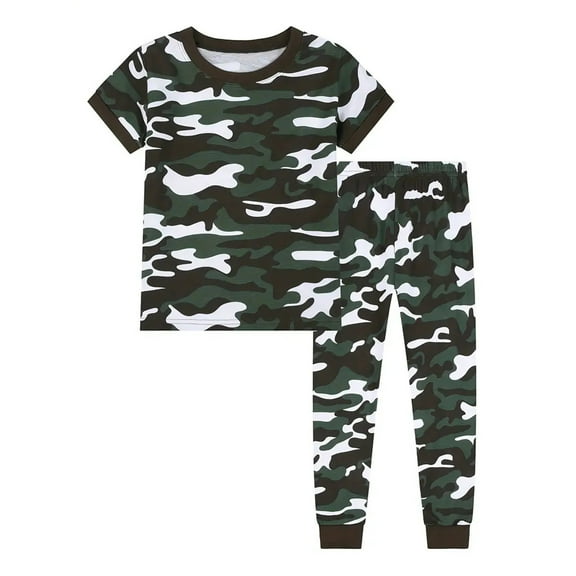 Adeawade Outfits For Boys Camo Print Short Sleeve Long Pants Two Piece Summer Fashion Clothes Set Dark Green 4-5 Years