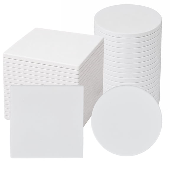 Coated Glossy White Ceramic Tile Blanks for Sublimation & DIY Crafts - Smooth Glazed Bisque - Round & Square Mix - 36 Pack, Round blank 10.3cm (coated) 18pcs + square blank 10cm (coated) 18pcs