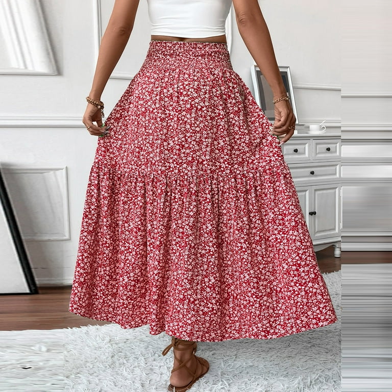 スカート SummerFlower Jacquard Flare Skirt in Red SummerFlower Jacquard Flare Skirt in Red