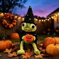 thumbnail image 3 of Halloween Wizard Frog Plush Doll, Cute Green Frog Stuffed Animal with Witch Hat Cape & Mini Pumpkin, Spooky Halloween Decor Plush Toy, 3 of 5