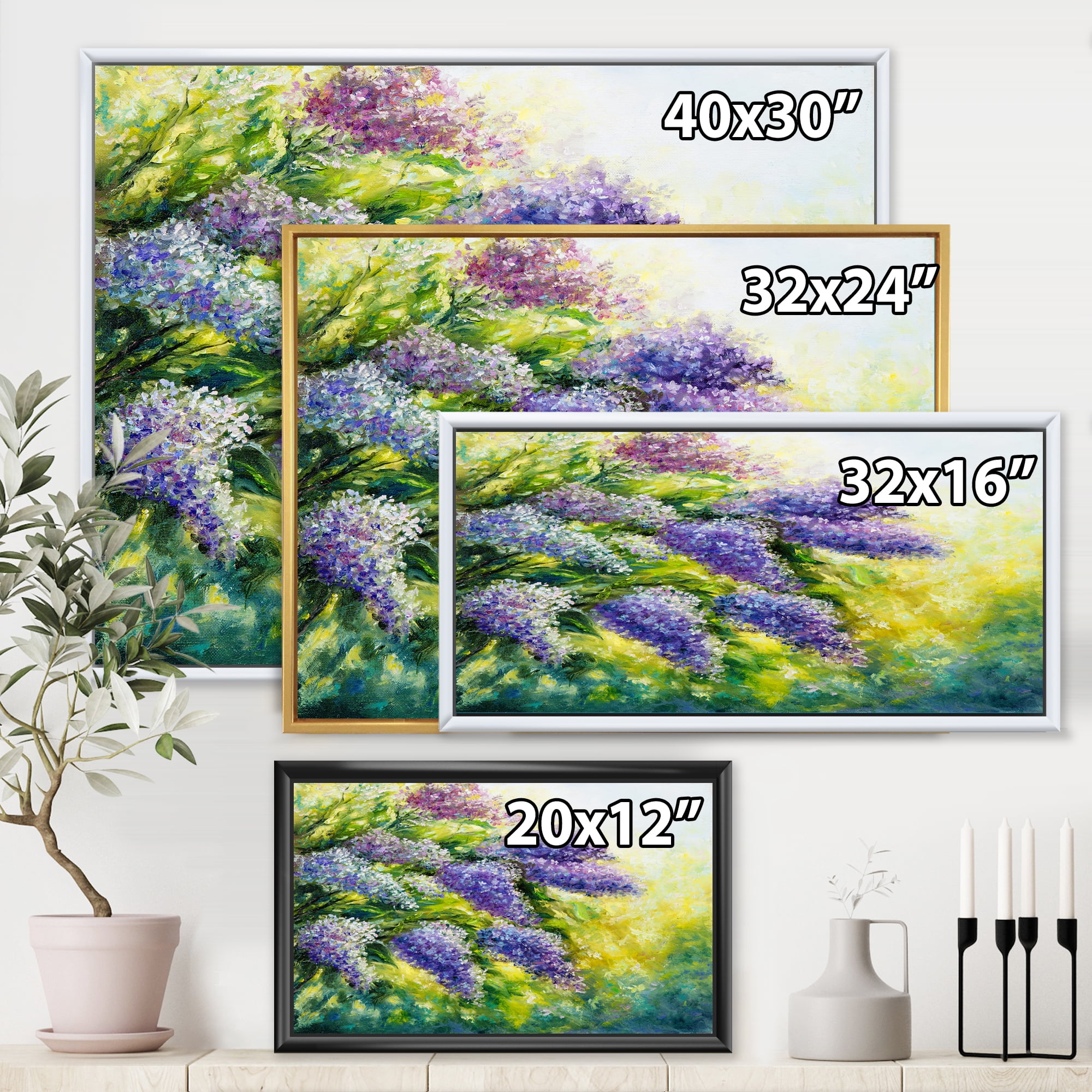 Impressionism Lilac Tree In The Garden 32 in x 24 in Framed Painting Canvas Art Print, by Designart