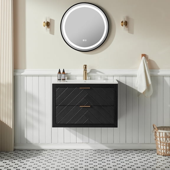 FFZ 30" Black Wall Mounted & Floating Single Vanity with Ceramic Sink