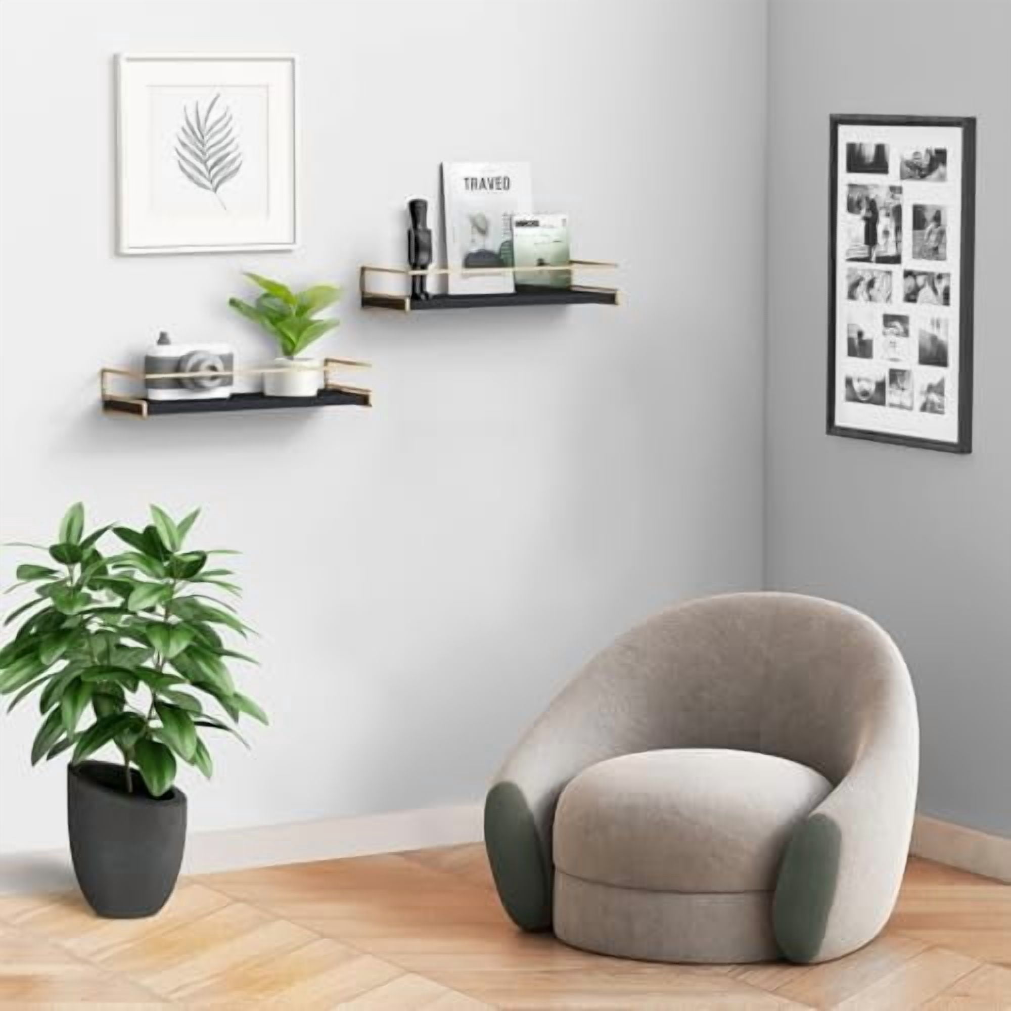 Black and Gold Bathroom Floating Shelves for Wall, Decorative Wall Mounted Shelves for Kitchen Coffee Bar Station Organizers and Storage, Hanging Shelving Unit for Bedroom Living Room (2-Pack)