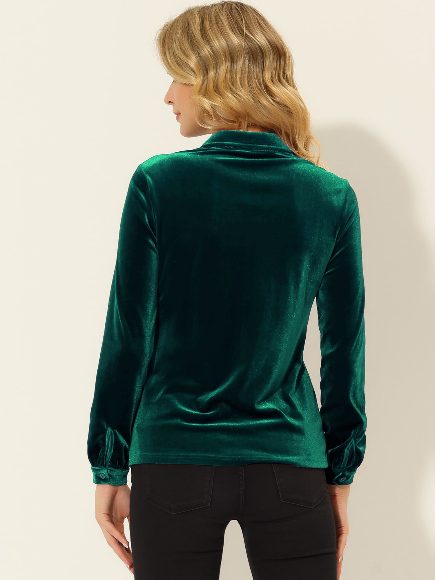 DARING DIVA Women's Office Pocket Front Long Sleeve Button Down Velvet Shirt S Dark Green