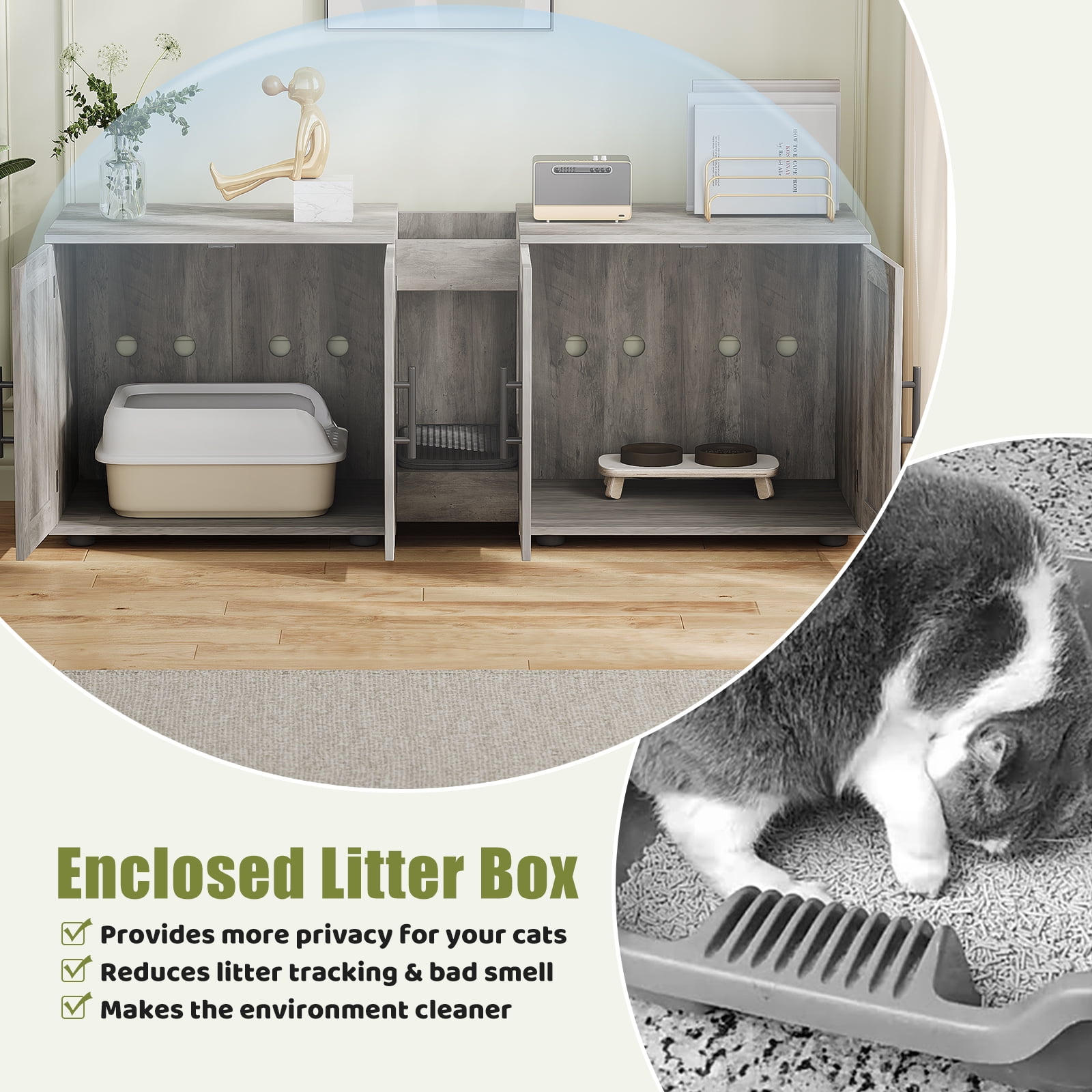 3-in-1Cat Litter Box Enclosure, 55 Inch Large Cat Box Enclosure with Double Rooms, Farmhouse Wooden Cat Washroom, Hidden Litter Box Furniture for Bedroom Living Room