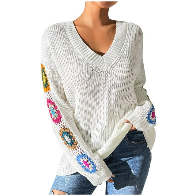 COM1950s Sweaters for Women, Women Sweaters for Fall, Women's V-Neck Random Mixed Color Embroidered Patchwork Pullover Sweater, Sweater for Women, Women's Sweaters Fall, Pullovers for Women