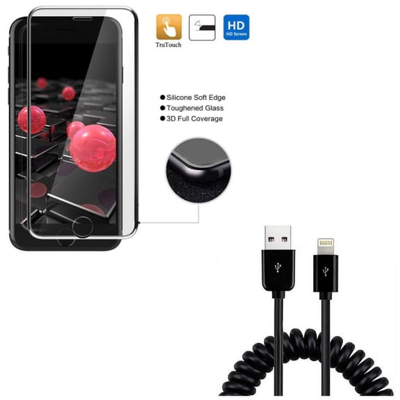 iPhone 8/7/6S/6 - Coiled USB Cable w Tempered Glass Screen Protector - Charger Cord Power Sync Wire, 3D Curved Edge Full Cover HD Clear 9H Hardness for iPhone 8/7/6S/6