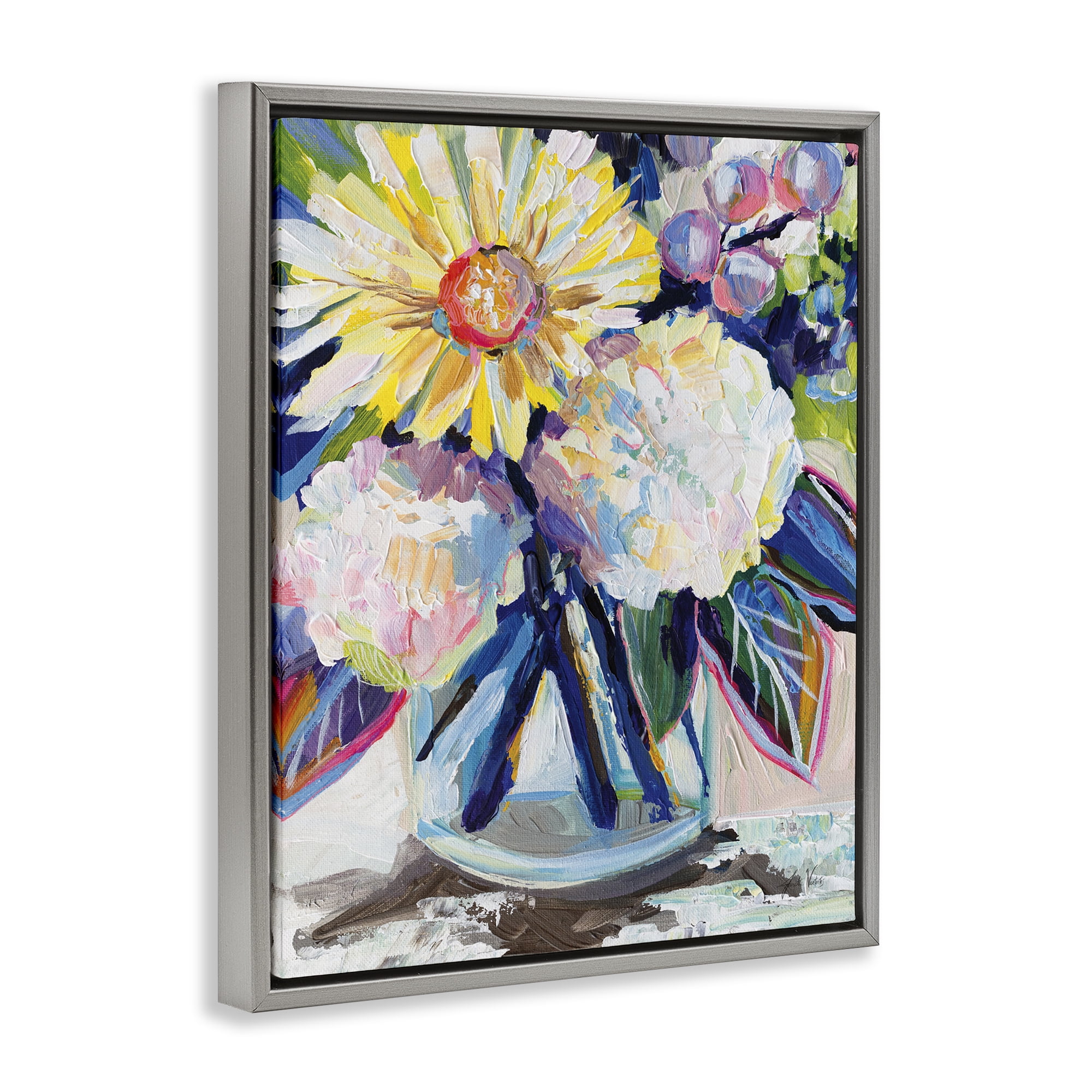 Stupell Industries Yearning Mixed Bouquet Plants & Flowers Painting Gray Floater Framed Canvas Art Print Wall Art, 25 x 31