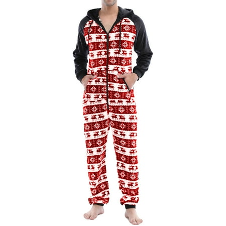

JBEELATE Men Christmas One-piece Pajama Printed Pattern Hooded Zip-up Nightwear with Pockets