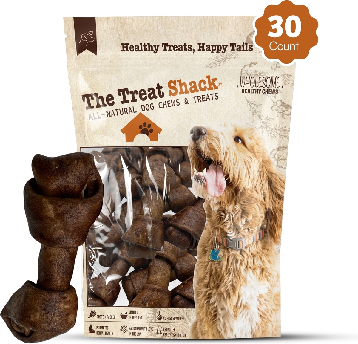 Knotted 4 to 5-in Beef Flavor Rawhide Bone Dog Treats, 30 CT