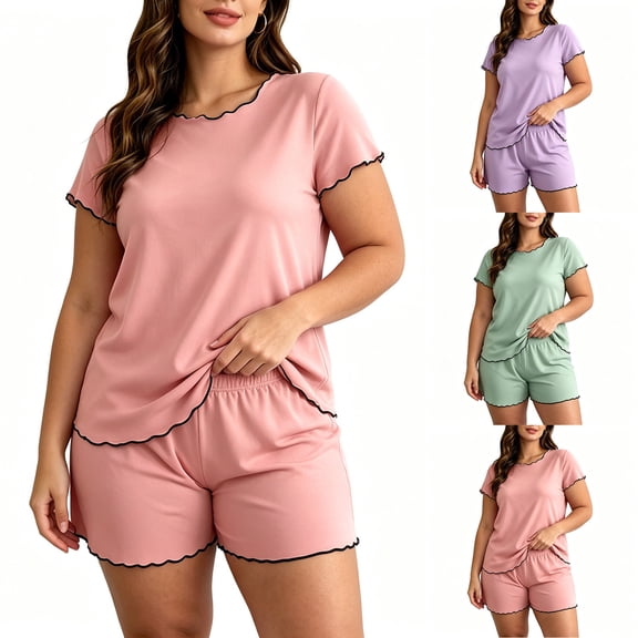 Diufon Plus Size Pajamas for Women Set Short Sleeve Ruffled Trim Sleepwear Summer Loose Fitted Comfy Pjs Short Sets