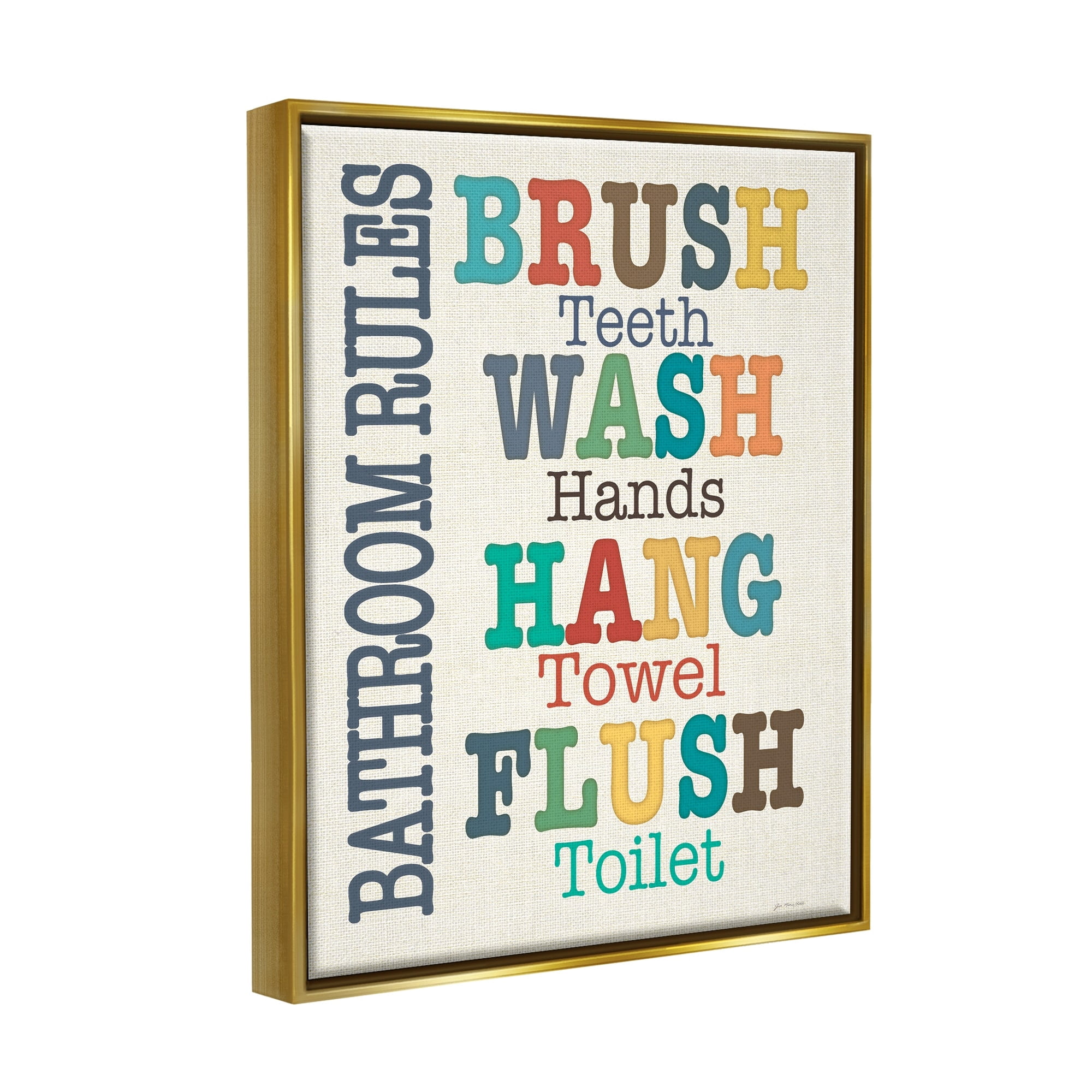 Stupell Industries Colorful Bathroom Rules List Metallic Gold Framed Floating Canvas Wall Art, 24x30, by Jo Moulton