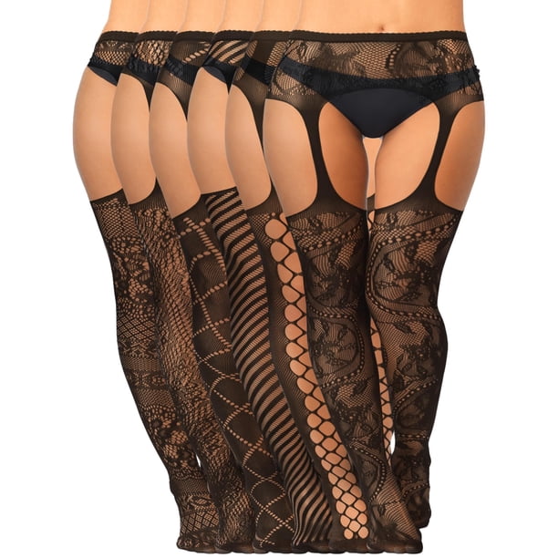 Medias de red Skylety para mujer, talla grande, 6 pares, negras