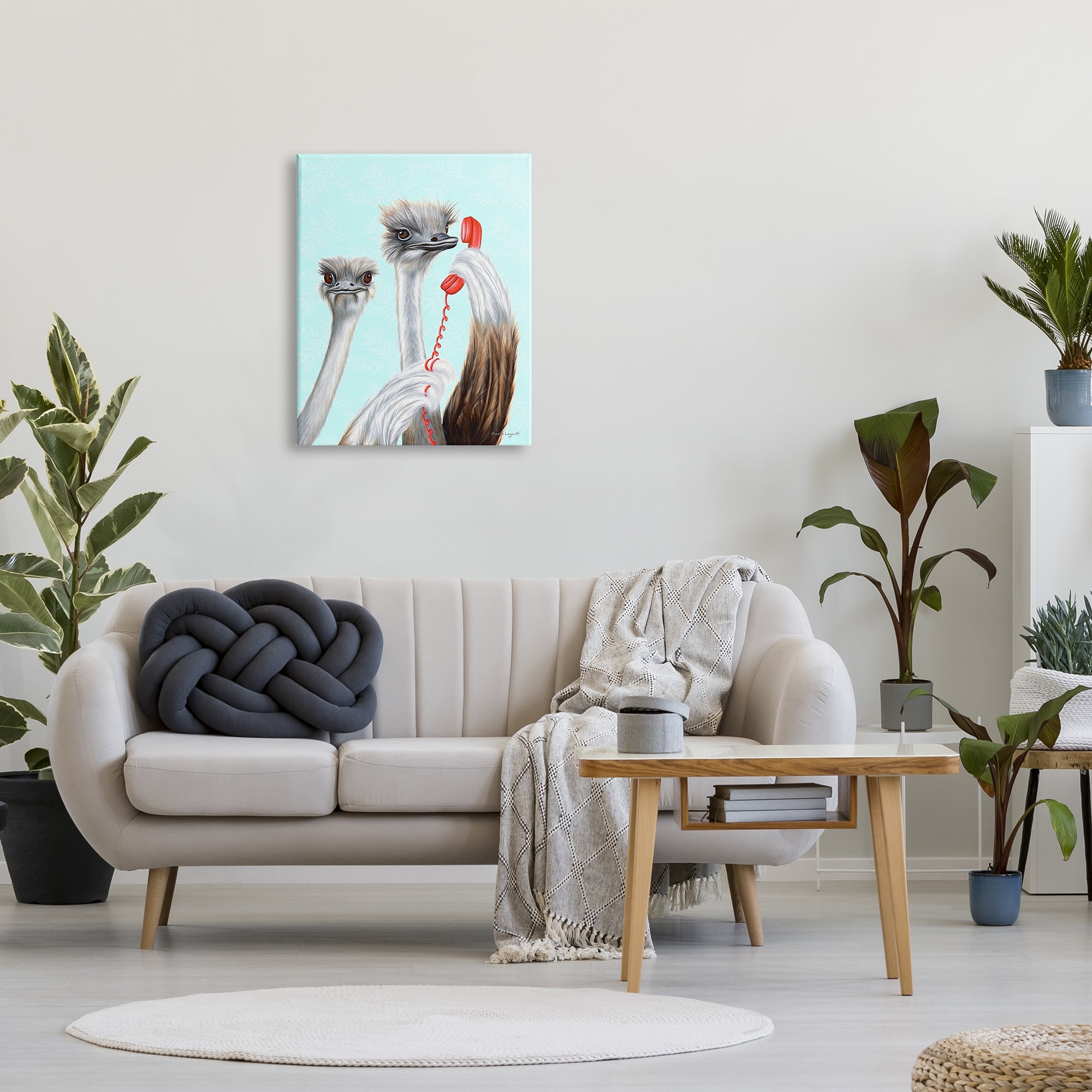 Stupell Industries Detailed Ostrich Birds Talking Red Cord Telephone Graphic Art Gallery Wrapped Canvas Print Wall Art, Design by Amelie Legault