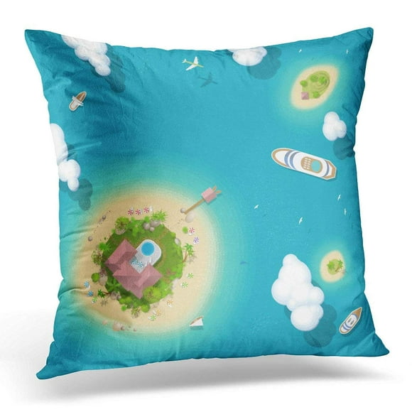 BSDHOME Summer Vacation The Islands and Ships Top View Time to Travel Sun Sea Sand Yacht Airplane Palm Clouds Pillow Case Pillow Cover 20x20 inch