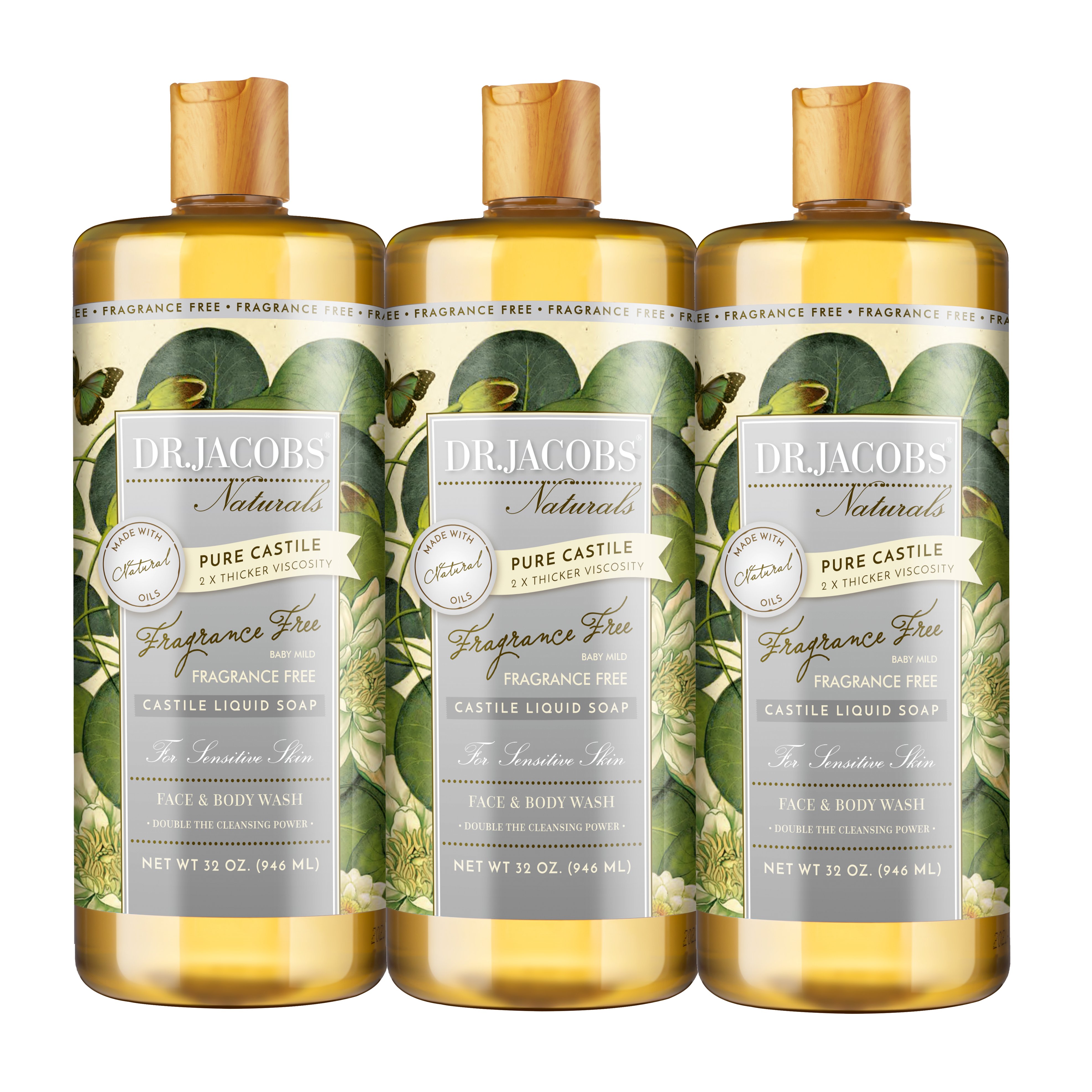 Dr. Jacobs Naturals Pure Castile Liquid Soap, Unscented, 32 oz, 3Pack