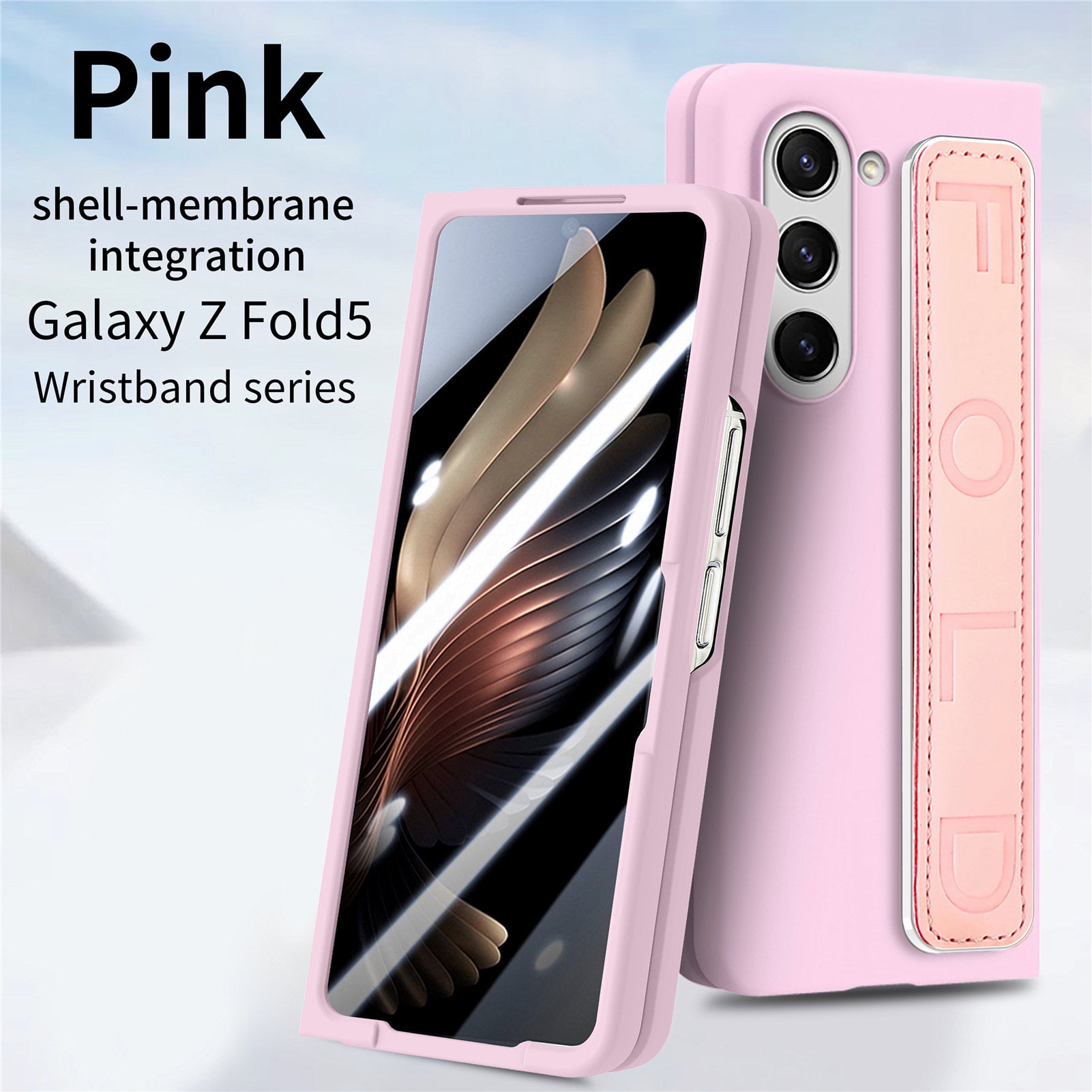 for Samsung Galaxy Z Fold 5 Case with Strap, [Non Slip Silicone Touch] Slim Protective Phone Case with Elastic Finger Wristband, Shockproof PC Cover for Samsung Galaxy Z Fold 5 2023 - Pink