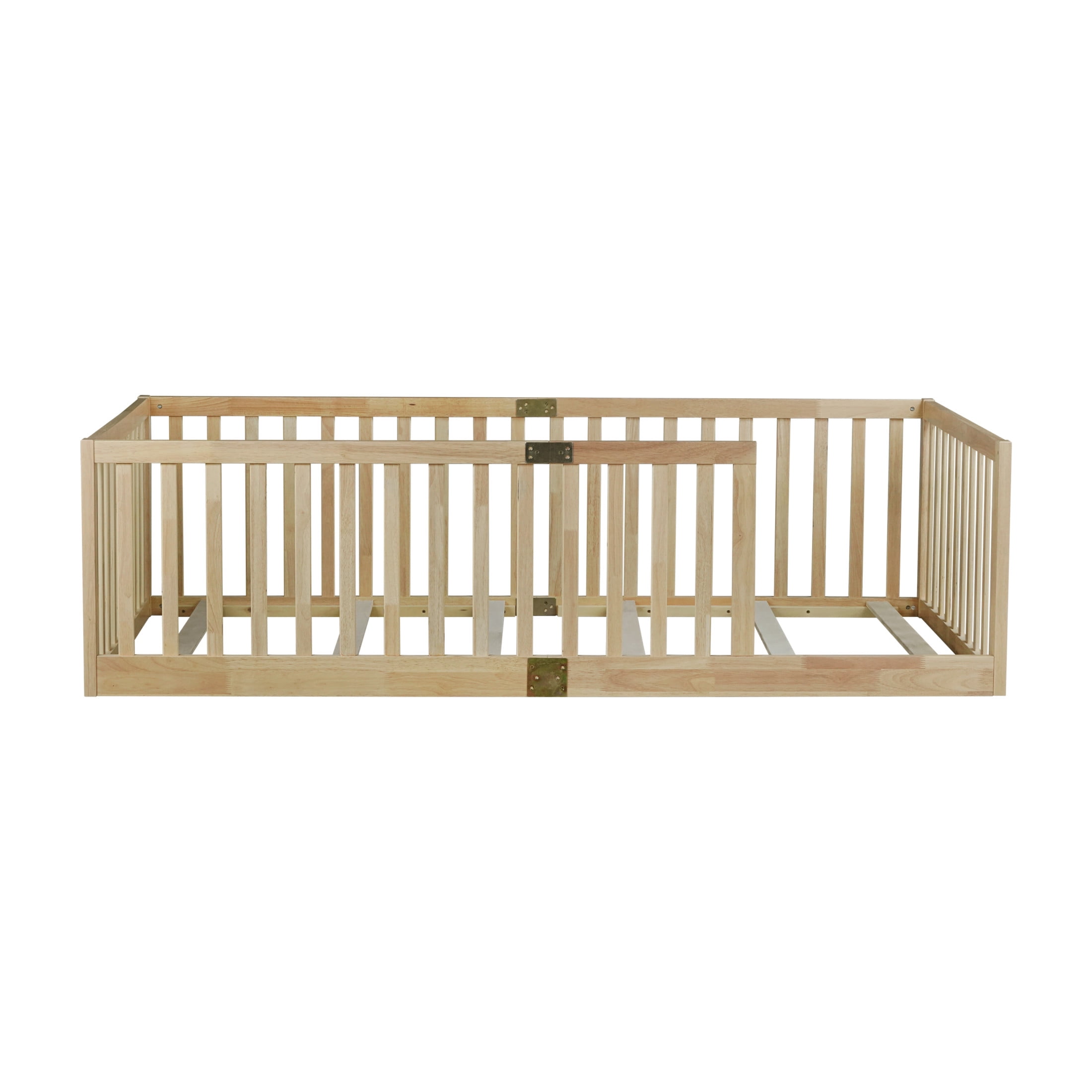 Noble House Nira Twin Floor Bed with High Fence Railings, Rubber Wood Montessori Bed Frame, Kids' Room, Natural