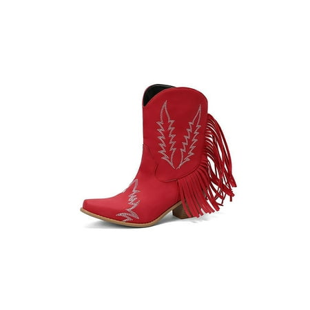 

SIMANLAN Womens Fashion Western Boots Mid-Heel Short Cowgirl Boot Work Non-Slip Red 7
