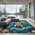 thumbnail image 2 of ODIKA 8'x10' Washable Area Rug Ocean Turtle Main Nautical Wave Coral Compass Motifs Map Border for Living Room, Under Sectional, Family , Durable, Non-Slip, 2 of 7