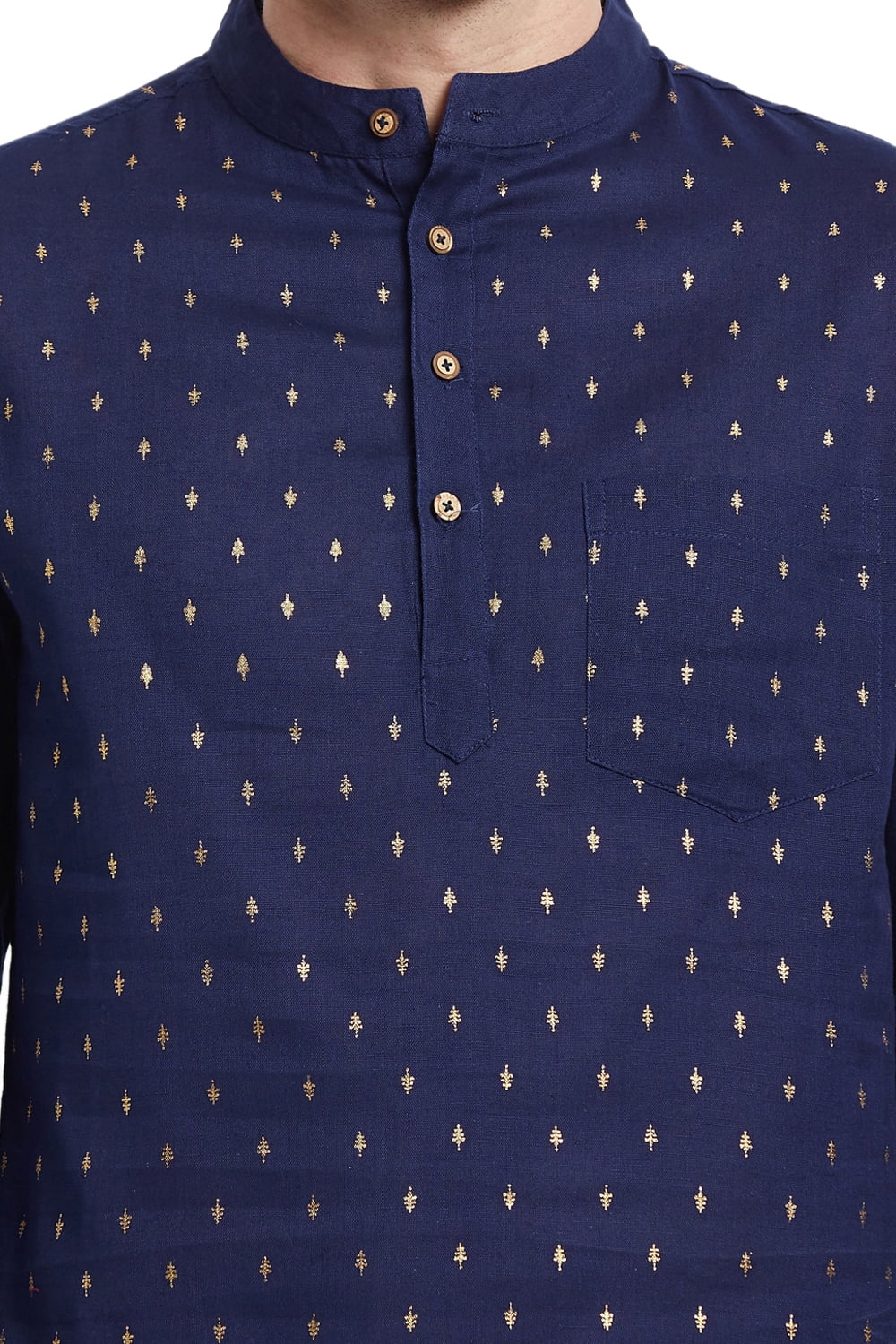 Shatranj Mens Mandarin Collar Shirt-Length Untucked Block Print Kurta Tunic