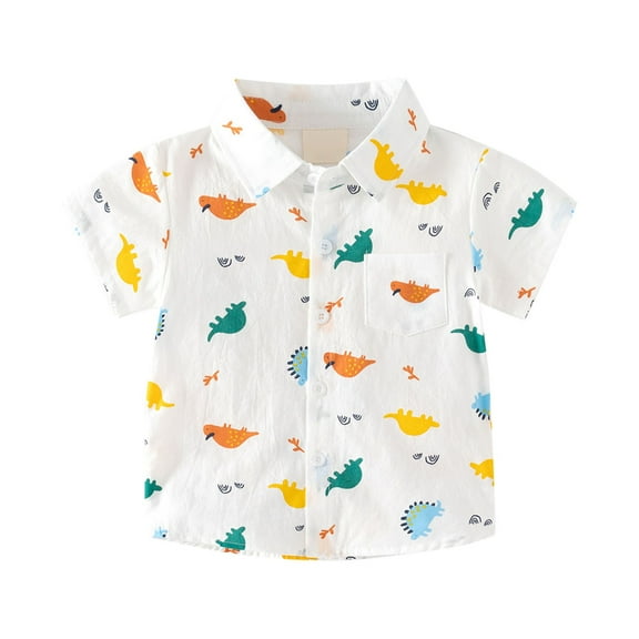 Generic Little & Big Boys Short Sleeve Button Down Shirt Cartoon Dinosaur Pattern With Pockets For 2 To 8 Years Old