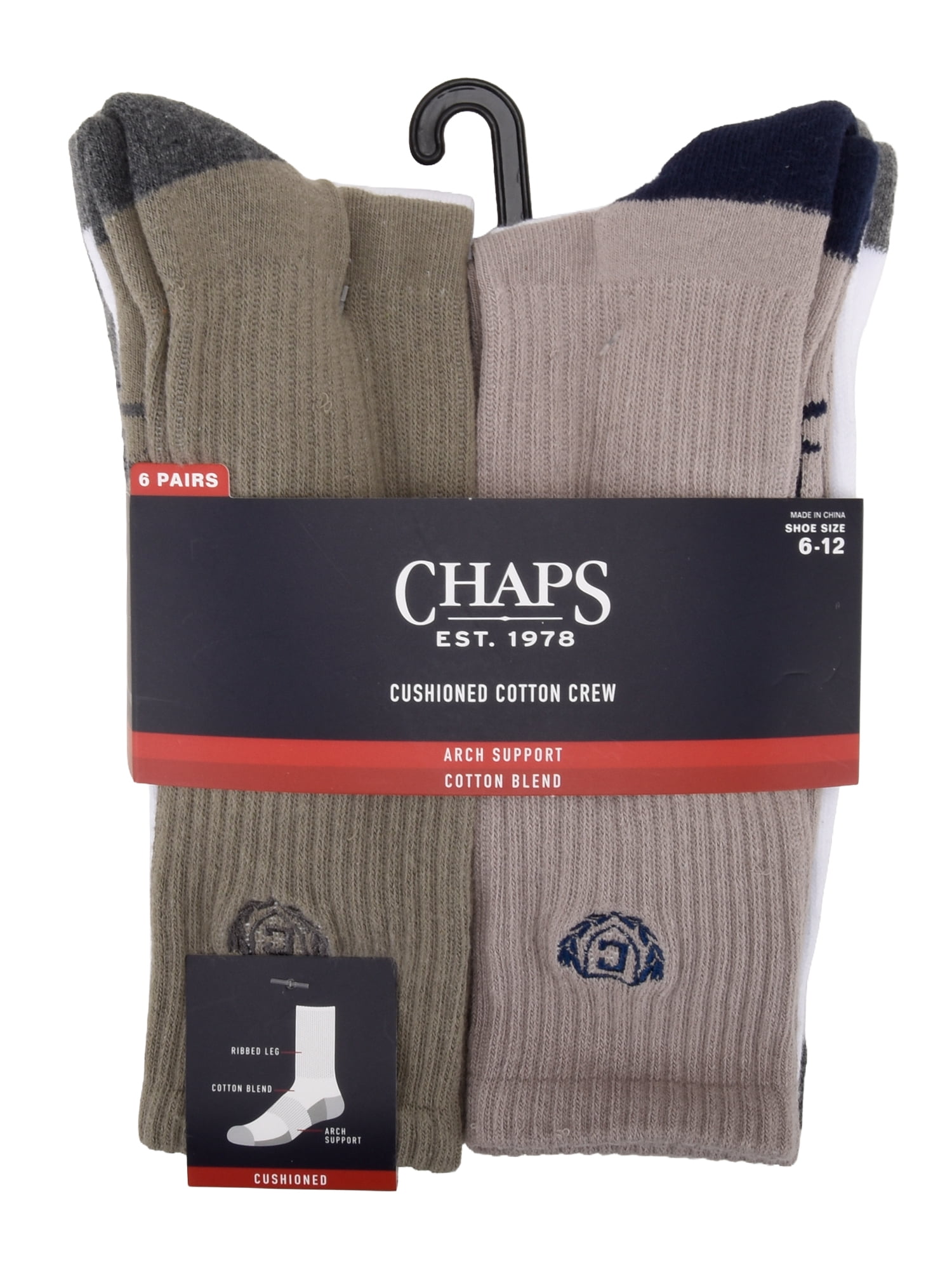 Chaps Athletic Half Cushion Crew 6-Pack Men's, Sock Size 10-13