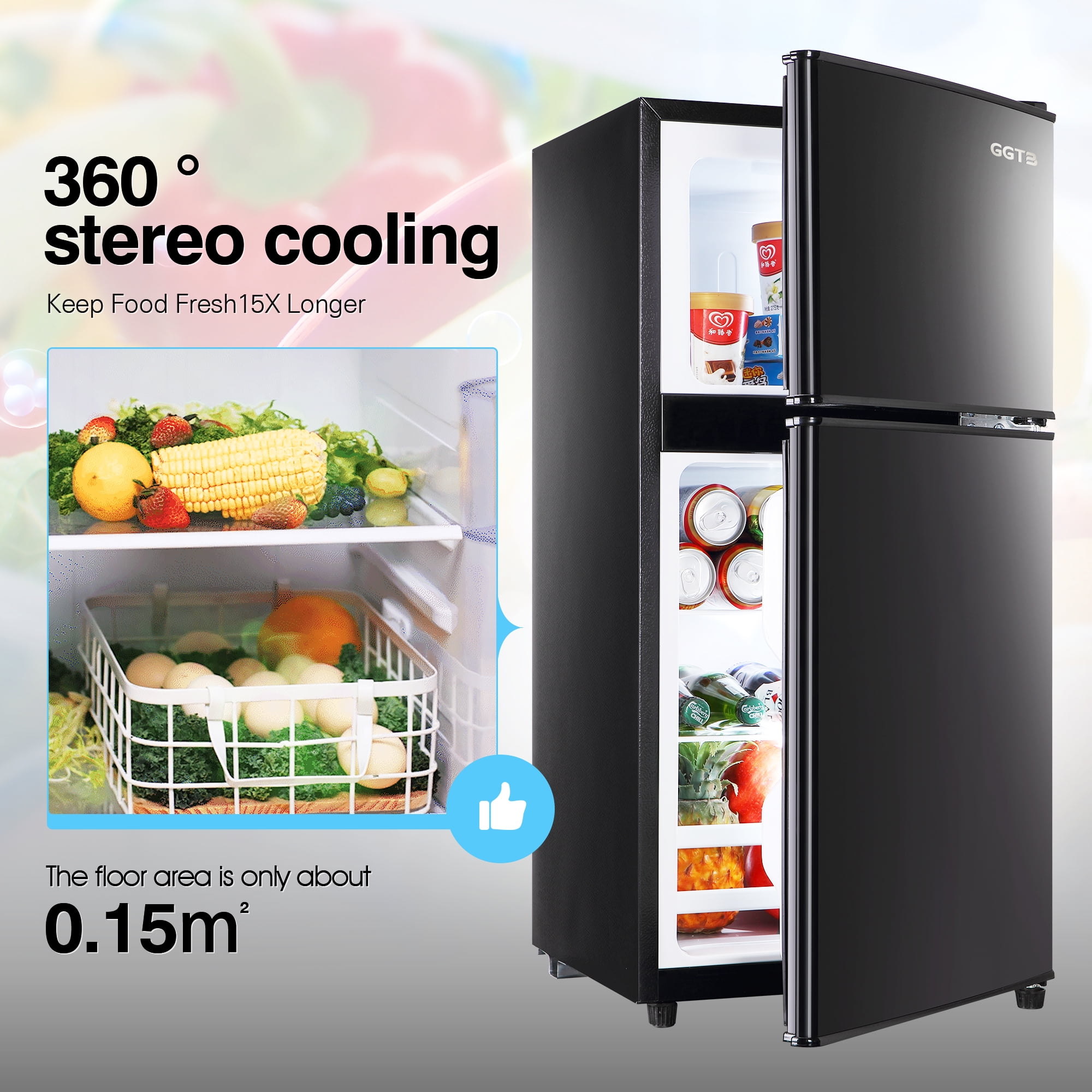 GGTB 3.0 Cu.ft Retro Compact Two Door Refrigerator, Mini Fridge with Freezer Compartment, Reversible Doors, Removable Shelves, Black