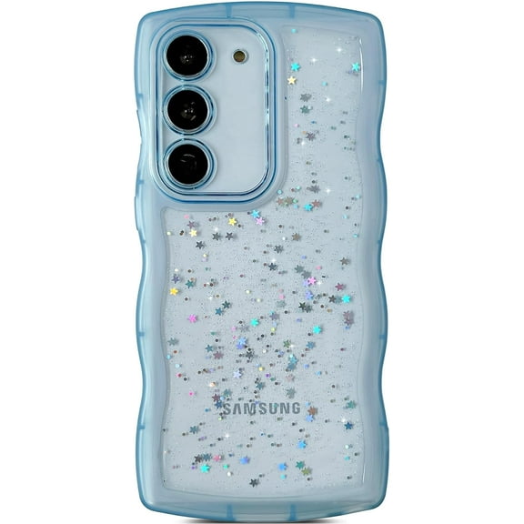 for Galaxy S22 Case,for S22 Plus Case,Curly Wavy Anti-Slip Grip Design Transparent Bling Glitter Star Shiny Case Cute Clear Sparkly Bumper Protection Soft Phone Cover Case for Women Girls,Blue
