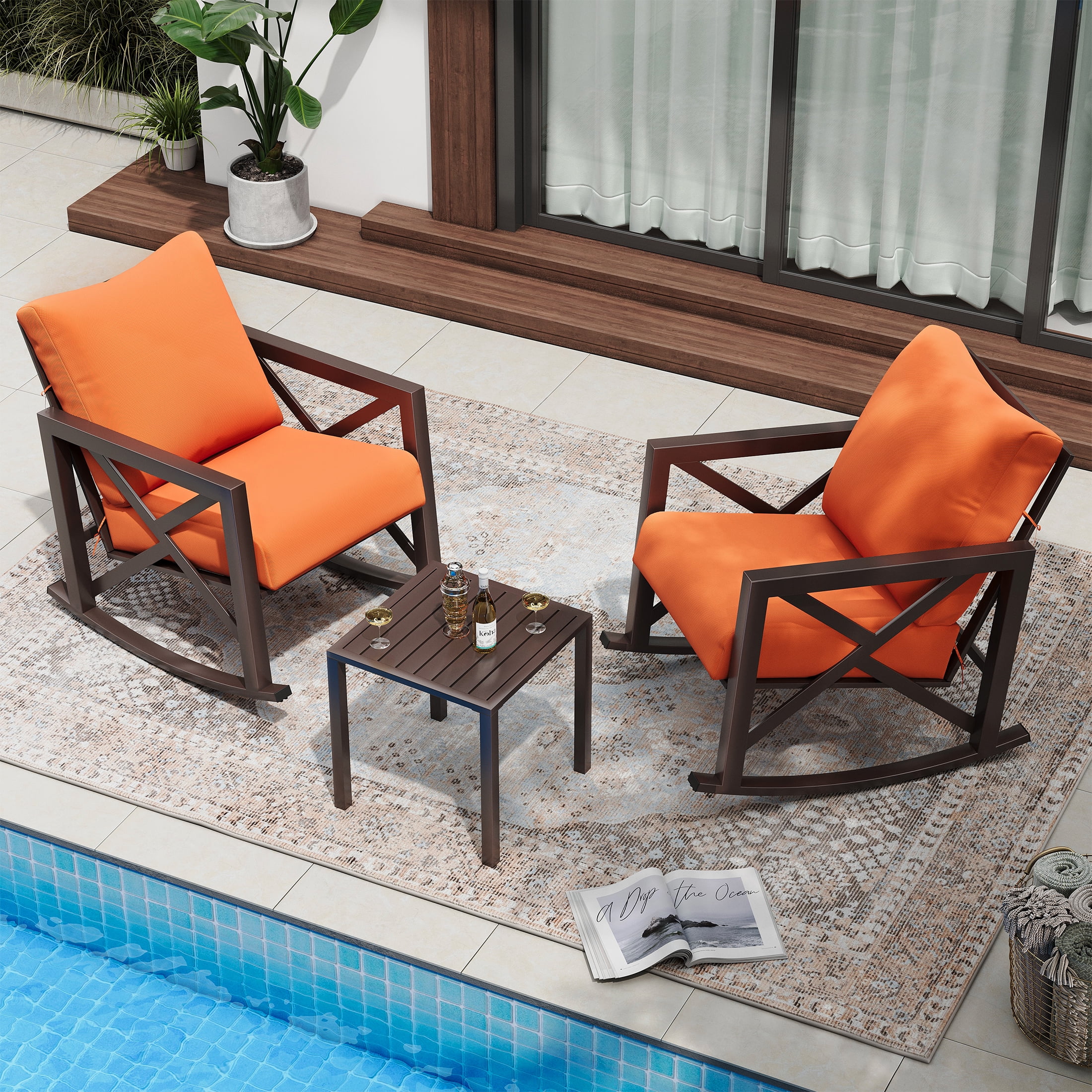 UDPATIO Rocking Chair Bistro Set, 3 Piece Outdoor Patio Furniture Set with 2 Rockers and 1 Metal Coffee Table with Thick Cushions for Porch, Backyard, Poolside, Orange