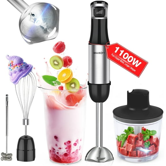 MULISOFT Immersion Blender Handheld, 1100W 5-in-1 Hand Blender with Variable Speed Design for Baby Food, Soup, Smoothies & Baking, Easy to Clean