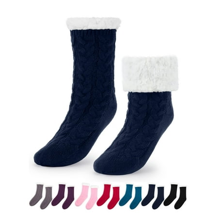 

Gustave Women Slipper Socks with Grippers Non Slip Winter Plush Warm Socks Thermal Cozy Sherpa Lined Fluffy Fuzzy Socks Blue