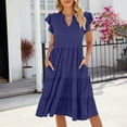 thumbnail image 2 of Vestido de Verano de Manga Corta para las Mujeres Moda Casual Cuello en V Vestido con Ruffles, Poliéster Ligero de Color Sólido para Fiestas, Bodas Y Diario, 2 of 8