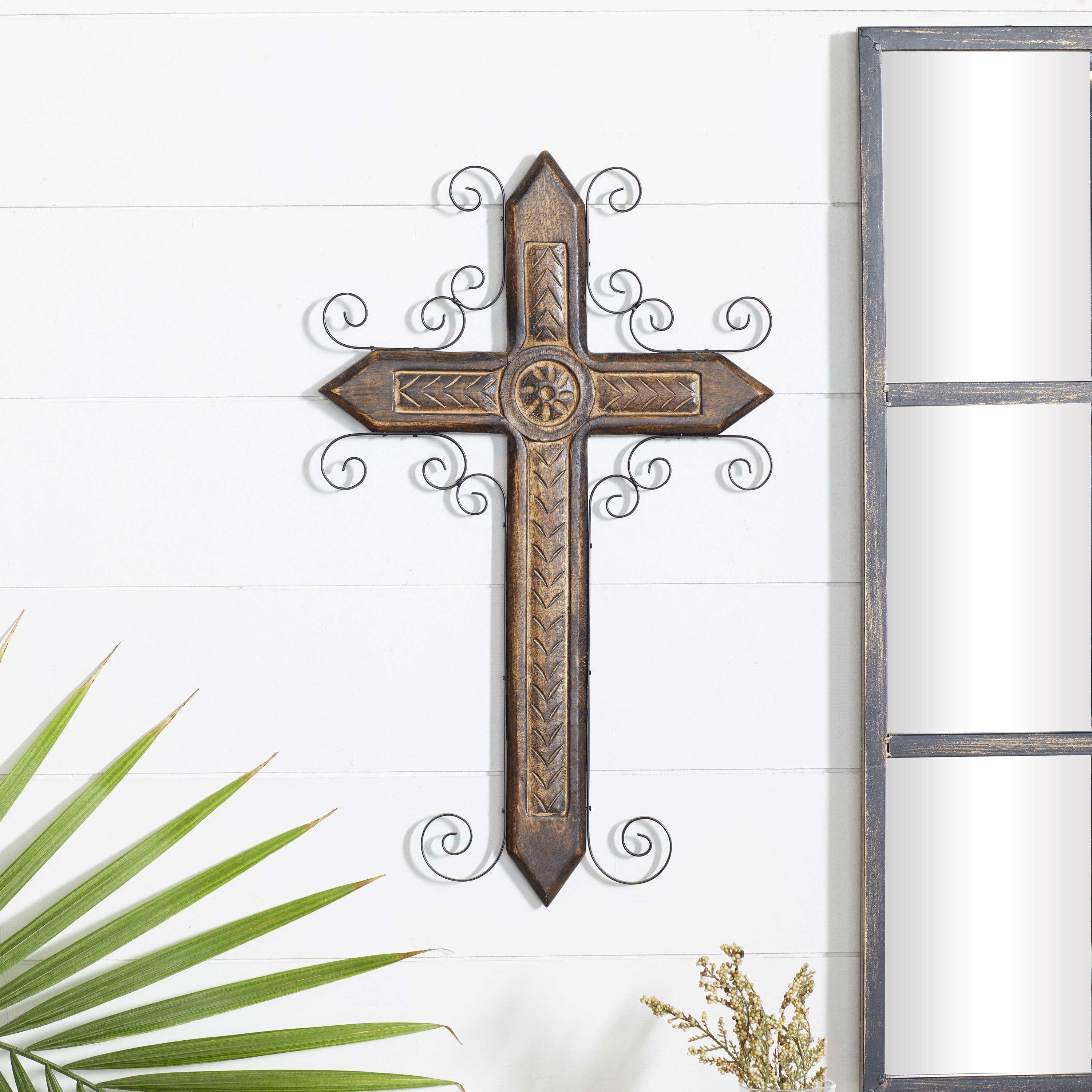 DecMode Brown Mango Wood Carved Cross Cross Wall Decor with Metal Scrollwork