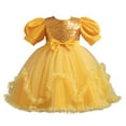 thumbnail image 3 of Wuxian Toddler Girls Bow Tutu Sequins Dress Short Puff Sleeve Round Neck High Waist Ruffles Tutu Dress Glitter Mesh Party Gown With Layered Dresses,Yellow,5-6 Years, 3 of 7