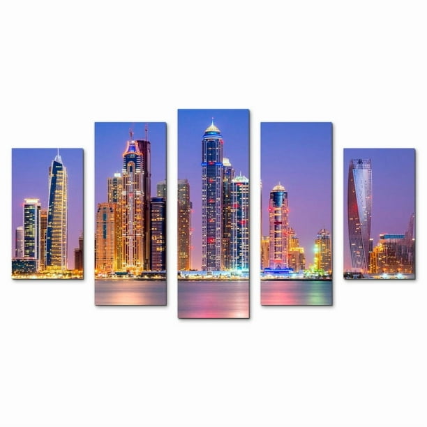 Juego de Cuadros Decorativos, Skyline de Dubai Marina, Estilo Moderno y Vibrante, 5 Piezas, Ideal para Oficina y Sala, 150x80cm