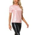 thumbnail image 4 of INSPIRE CHIC Women's Glitter Twist Top Round Neck Puff Sleeve Stretch Casual T-Shirt L Pink, 4 of 6