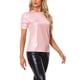 thumbnail image 4 of Camiseta casual de mujer con brillo, cuello redondo, mangas abullonadas y ajuste elástico L Rosa, 4 of 6