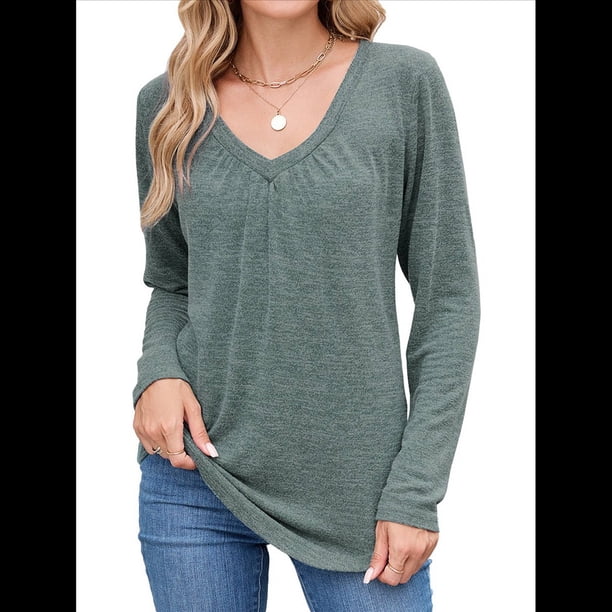 Camisetas de Larga para Mujer, Cuello en V, Suaves, Básicas, Holgadas, Informales, Moda de Otoño. Verde XXL